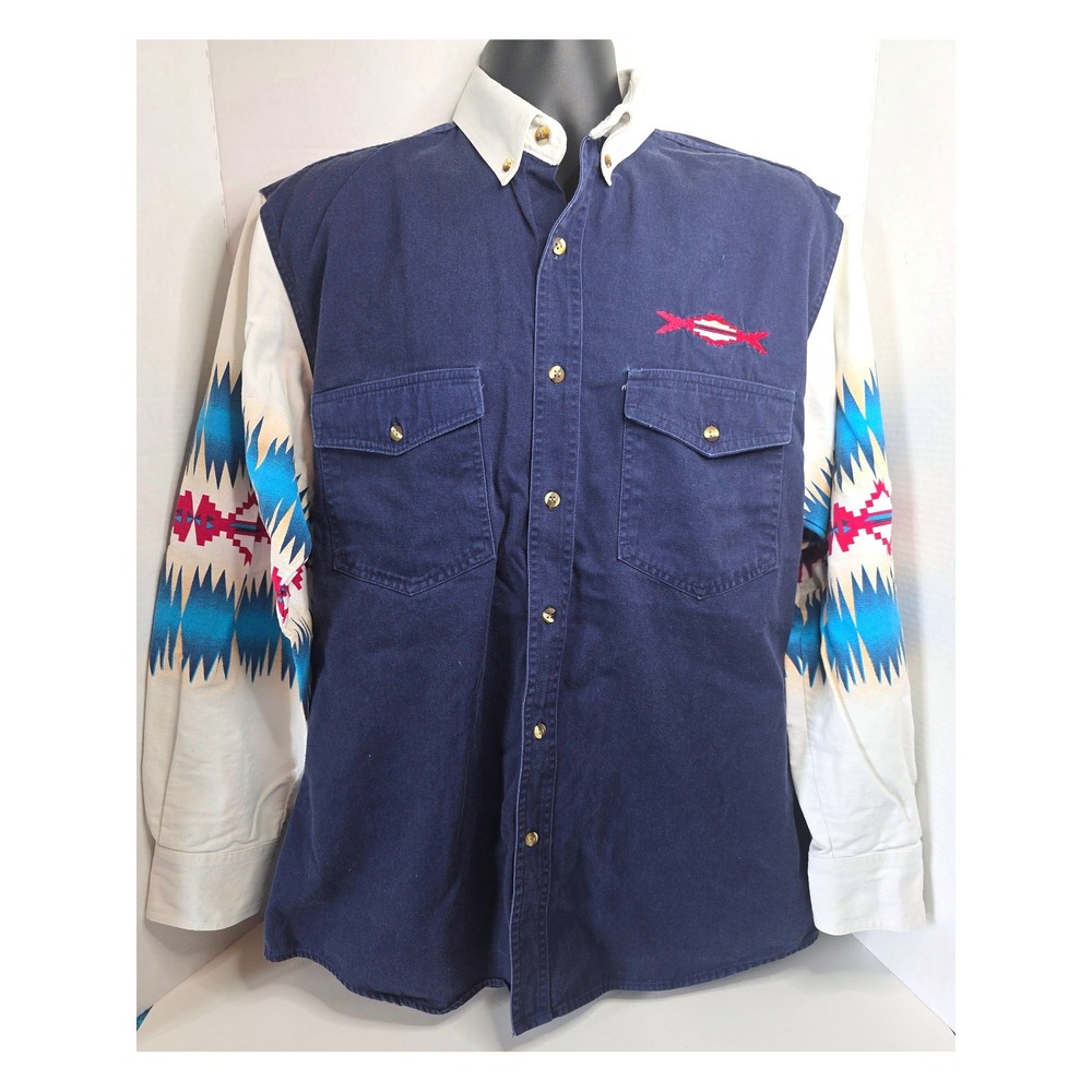 90s Express Rider Western Shirt Aztec Southwestern Navy Blue SZ M BrushPop Style